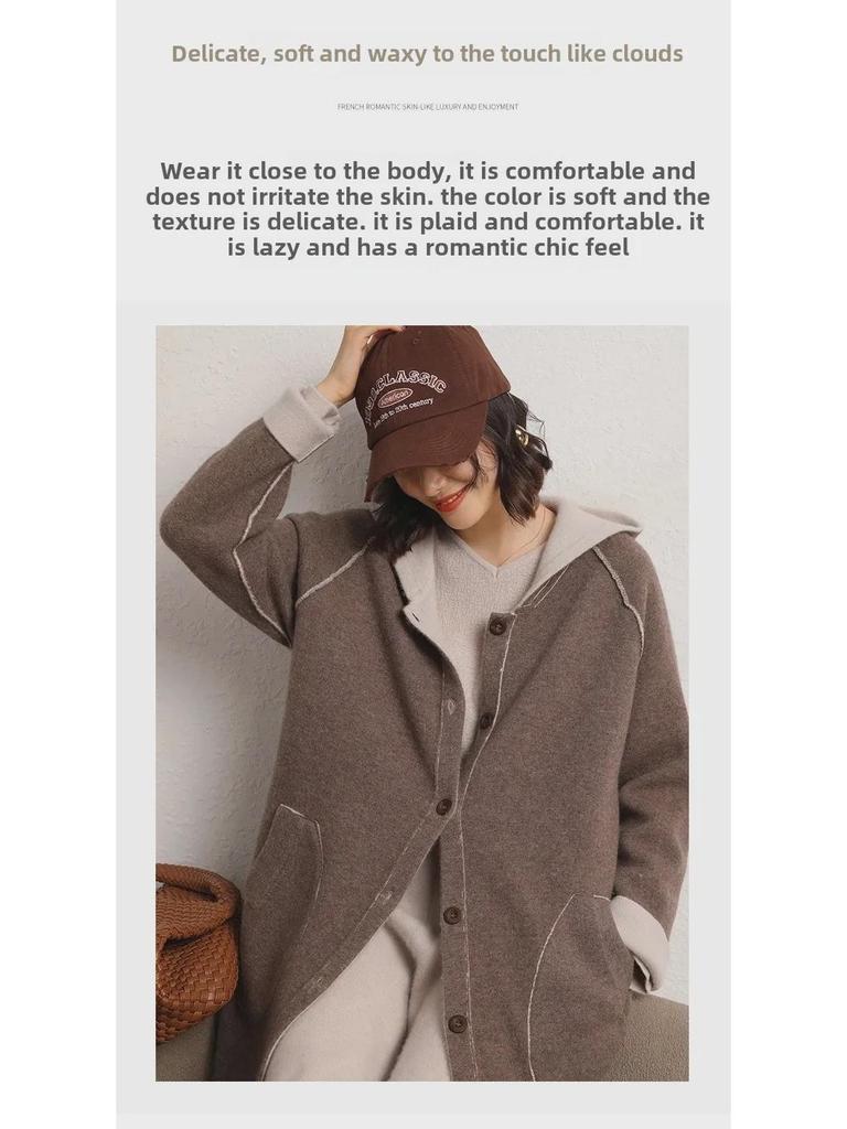 Женское кашемировое пальто с капюшоном — толстое, теплое, средней длины, выше колена, кардиган для осени и зимы