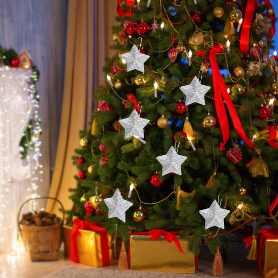 6 шт., рождественские пятиконечные праздничные подвесные украшения со звездой, многоразовый декор, елка, блестящий порошок, звездный орнамент