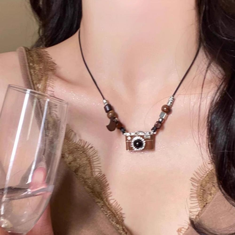 Винтажное коричневое ожерелье с подвеской в виде камеры, хип-хоп модные аксессуары для крутых девушек