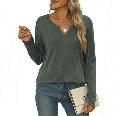 Женская модная повседневная футболка с V-образным вырезом, цветная, хлопковая, однотонная, с длинным рукавом, свободного кроя