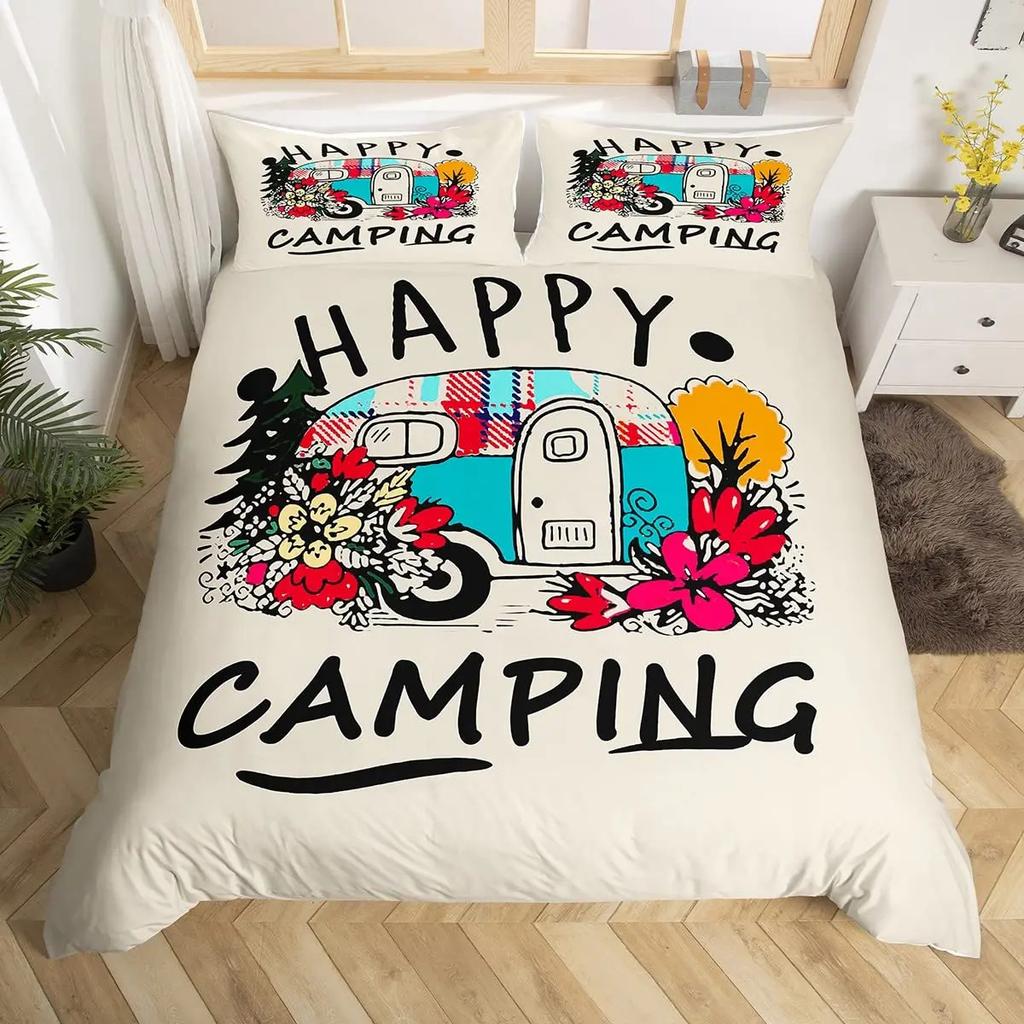 Happy Camping Duvet Set Retro Style Bedding Set Three-Piece Set