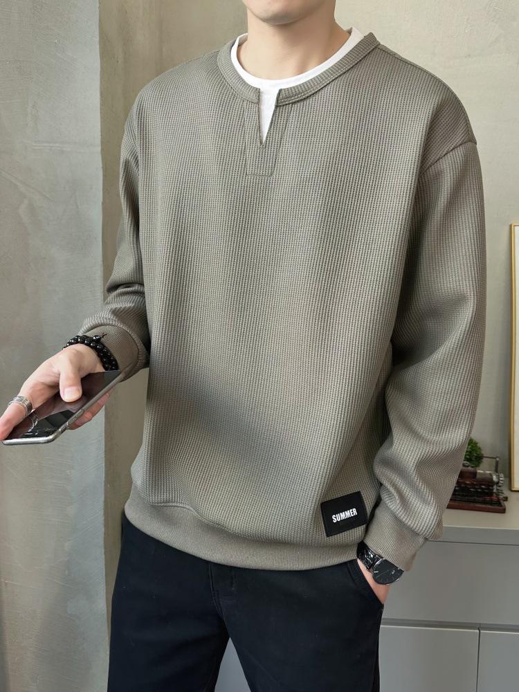 Men's Two-Piece Look Heavyweight Long Sleeve Hoodie 2025 Spring/Autumn Round Neck Base Shirt
