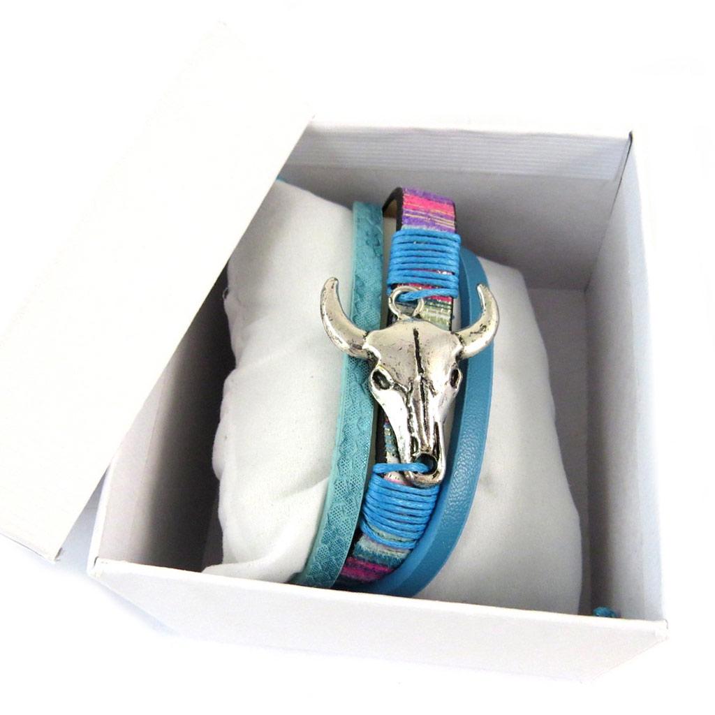 Les Trésors De Lily [P0272] - Vintage Turquoise Blue 'Navajos' Designer Bracelet (bison Skull) - 3 Rows