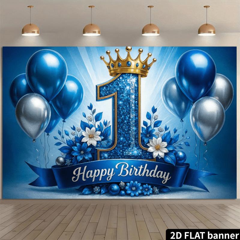 Blue silver diamond jewelry 1st birthday backdrop cloth, paired with a golden crown, made of polyester material.