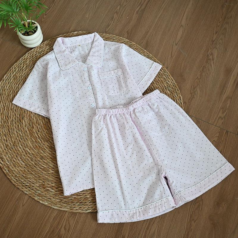 Summer Cotton Gauze Pajama Set Short Sleeve Shorts/Long Pants Breathable Thin Lapel Cartoon Loungewear