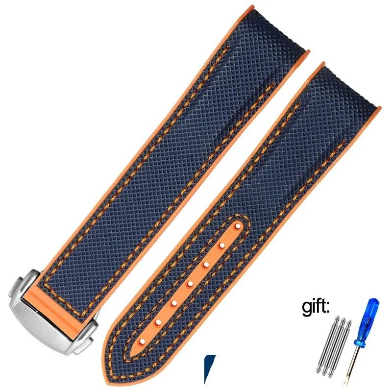 20mm 22mm Rubber Nylon Silicone Watch Band For Omega GMT Planet Ocean Seamaster Diver 300 Curved End Orange Watch Strap