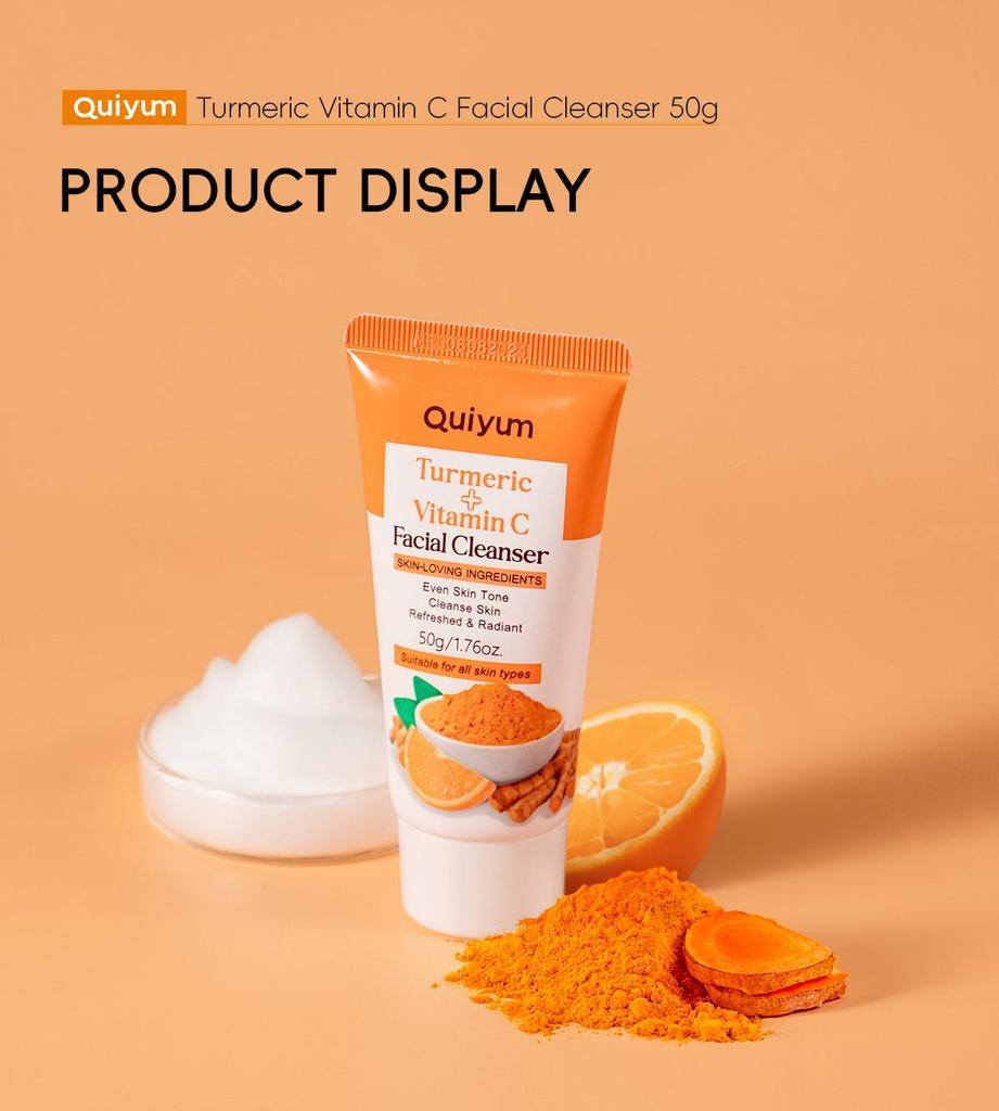 QUIYUM Очищающее средство для умывания лица с куркумой и витамином С (50г) - Увлажнение, уход за порами и осветление