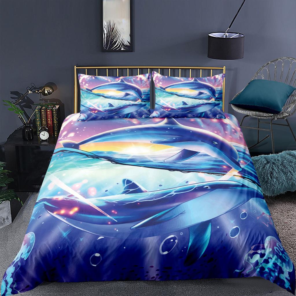 3D Dolphin Bedding Set Marine Animal Down Duvet Cover Pillowcase 2/3pc Birthday Gift King Queen Bed Cover Home Textile