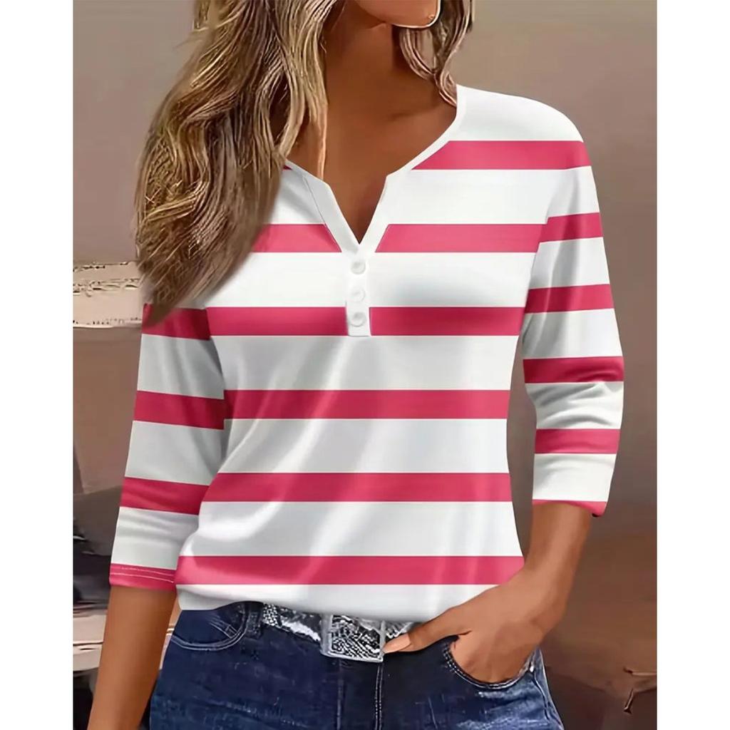 2025 Лето Новая Женская Повседневная Футболка в Полоску на Пуговицах с V-образным Вырезом Модный Универсальный Топ для Европы и Америки