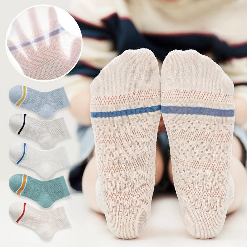 5 пар летних сетчатых носков для детей, мальчиков, модные полосатые носки средней длины, тонкие дышащие спортивные носки, детская обувь для детей 2-12 лет