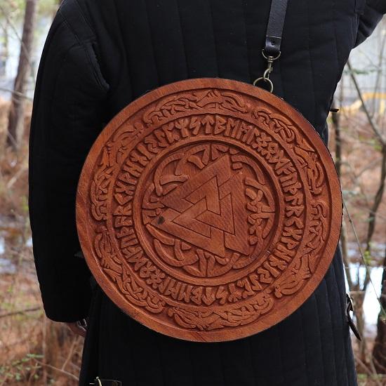 Nordic Rampage Wooden Small Round Shield Handmade Functional Woodcut Costume Reenactment Norse Viking Warrior Crest Shield