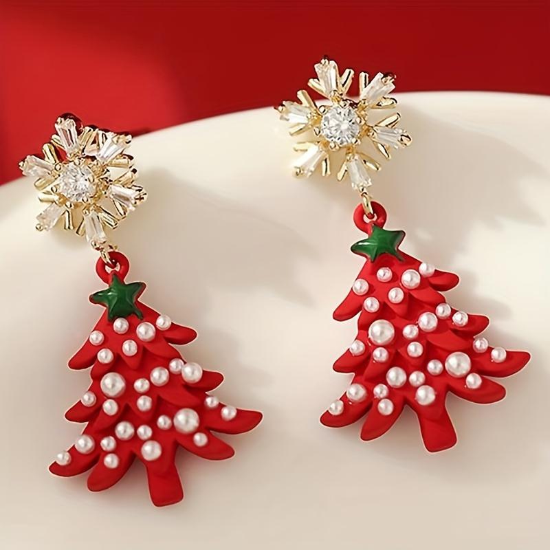 1 Pair Festive Christmas Tree Earrings, Women'S Fashion Dangle Earrings with Rhinestone Snowflakes, Luxurious Style, Perfect for Holiday Parties