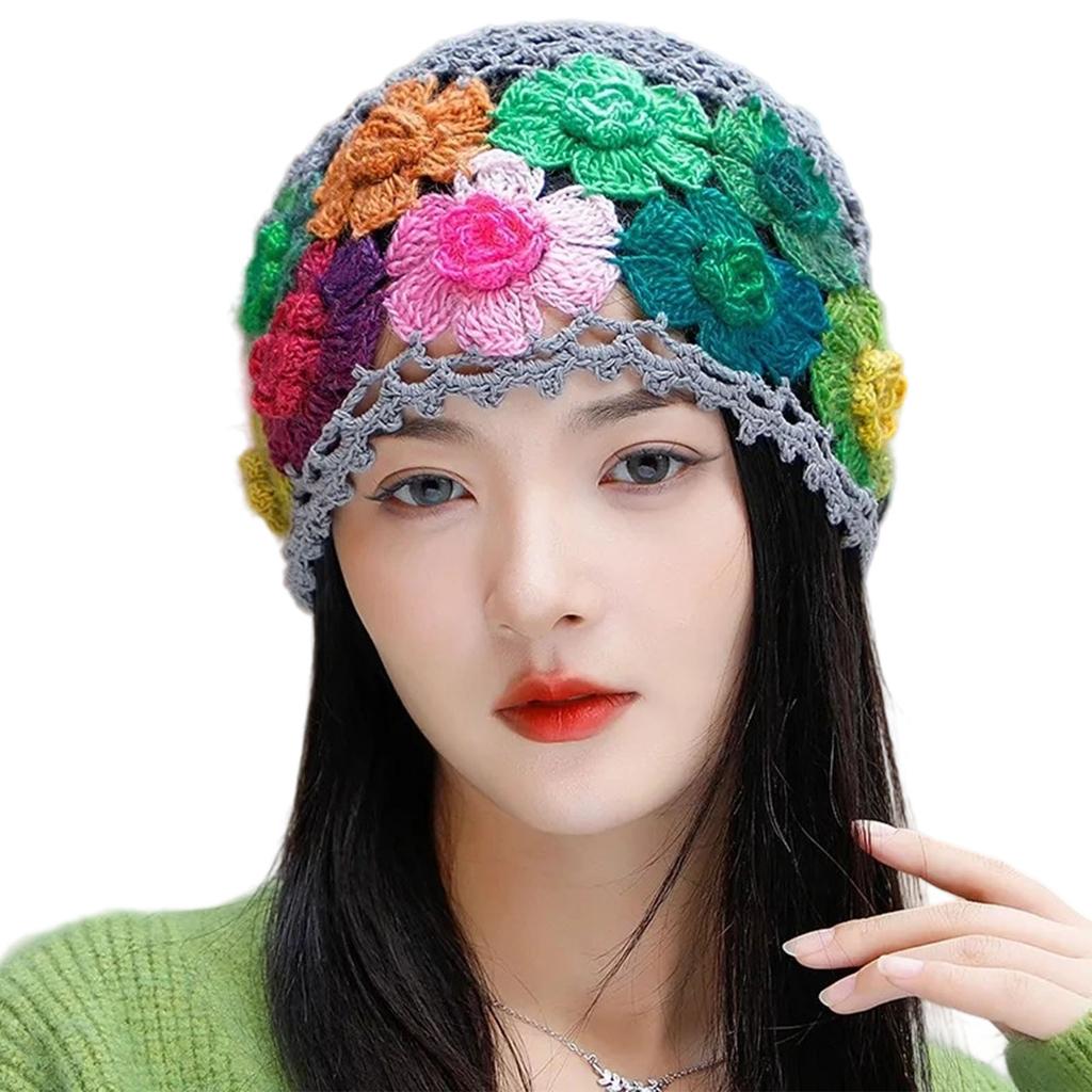 Cotton Crochet Beanie Hat With HollowOut Flower Design Summer Vacation Casual Skull Cap For Women Everyday Wear