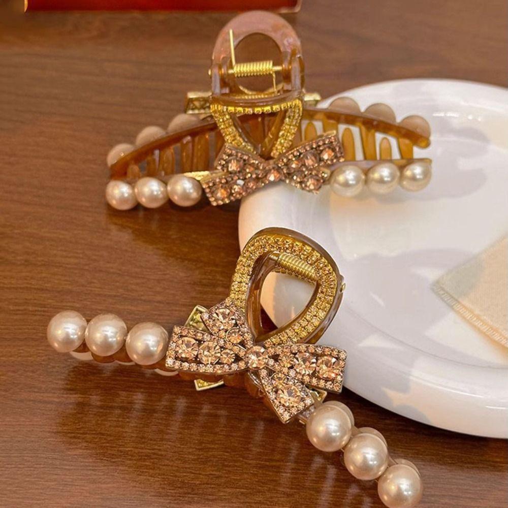 Rhinestone Bow Claw Clip Korean Style Pearl Hair Claw Sweet Large Shark Clip  Ladies