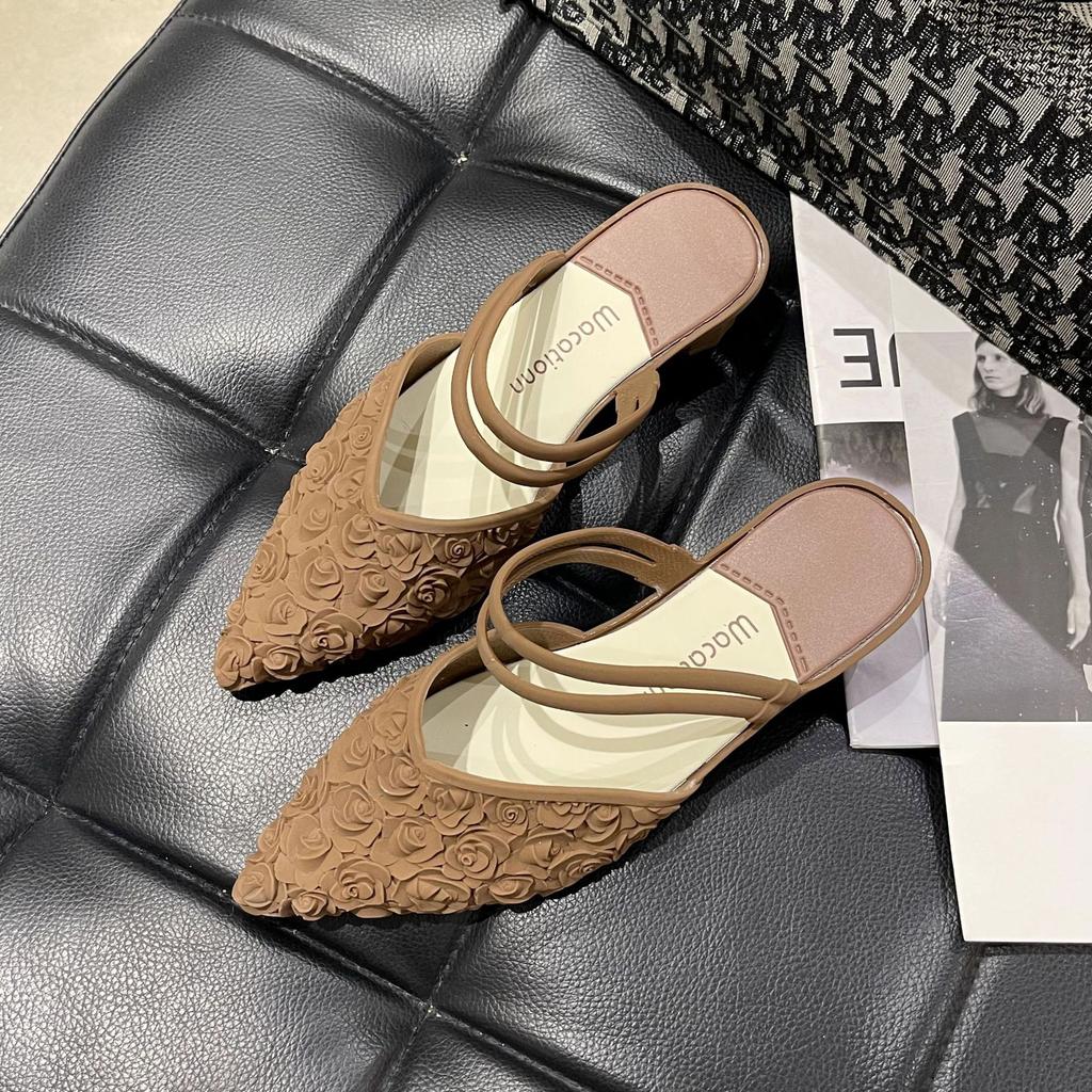 Летние женские остроносые классные тапочки, корейская версия модных моделей на низком каблуке, с юбкой в стиле феи, сумка на голову