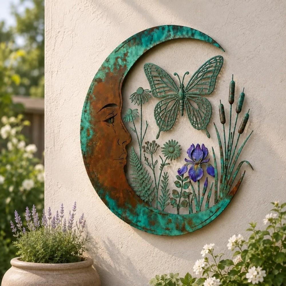 Iron Dragonfly Bee Wall Art Garden Decor Round Celestial Wall Sign Patio Decor