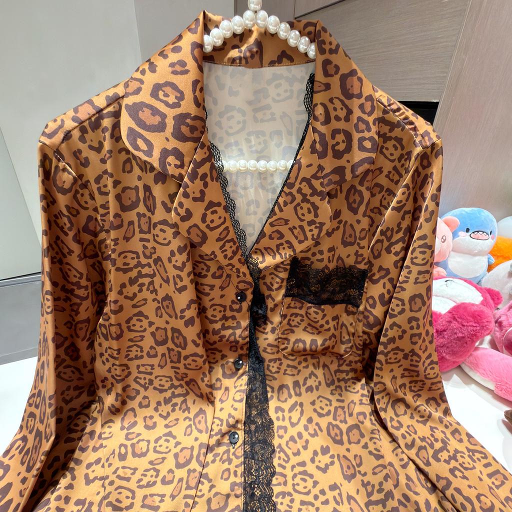 11 Spring and Autumn Ice Silk Pajamas Women's Long Sleeves Pants Lapel Retro Leopard Print Lace Loose Loungewear Women's