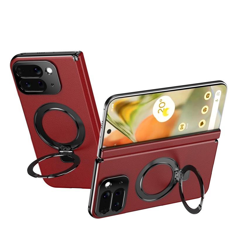 Magnetic Ring Stand Case Google Pixel 10 9 Pro Fold Full Coverage PC Vegan Leather Shell With Built-in Kickstand