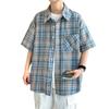Vintage Check Pattern Shirt Men's Summer Short Plaid Shirt Boys Loose Large Size Trendy Brand Ruffian Handsome Youth Casual