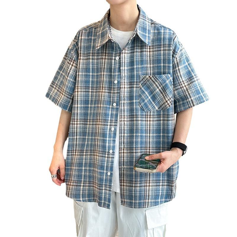 Vintage Check Pattern Shirt Men's Summer Short Plaid Shirt Boys Loose Large Size Trendy Brand Ruffian Handsome Youth Casual