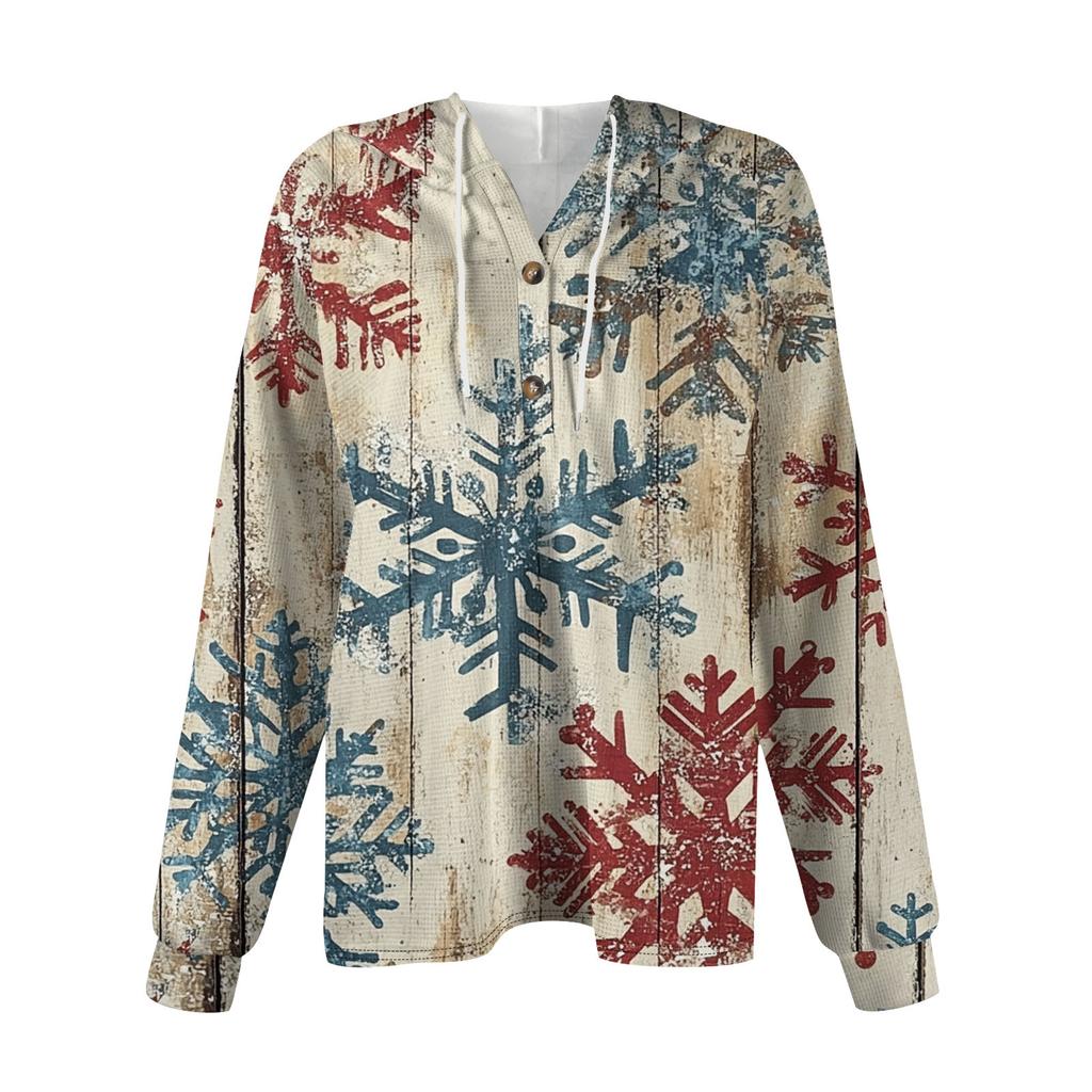 Женская мода с длинным рукавом, завязками на шнурке, капюшоном, пуговицами, V-образным вырезом, повседневная толстовка с капюшоном и рождественским принтом