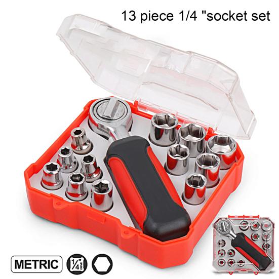 Interchangeable Ratchet Wrench with Non Slip Handle Universal 1/4 Inch Drive Impact Sockets 4-13mm Metric Socket Wrench Set