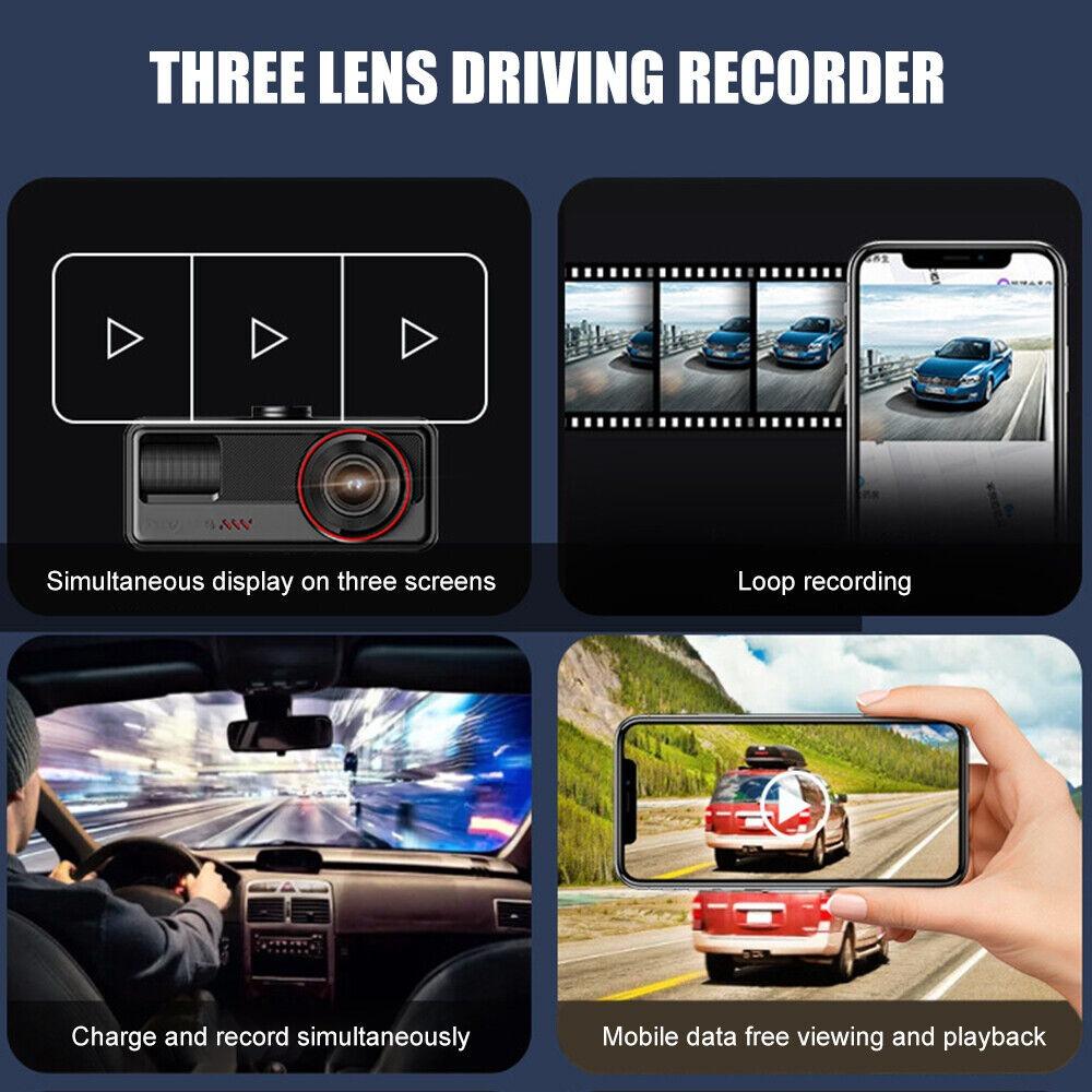 WiFi 1080P 3-Camera Car DVR, In-Car 3-Channel HD Dashcam Video Recorder