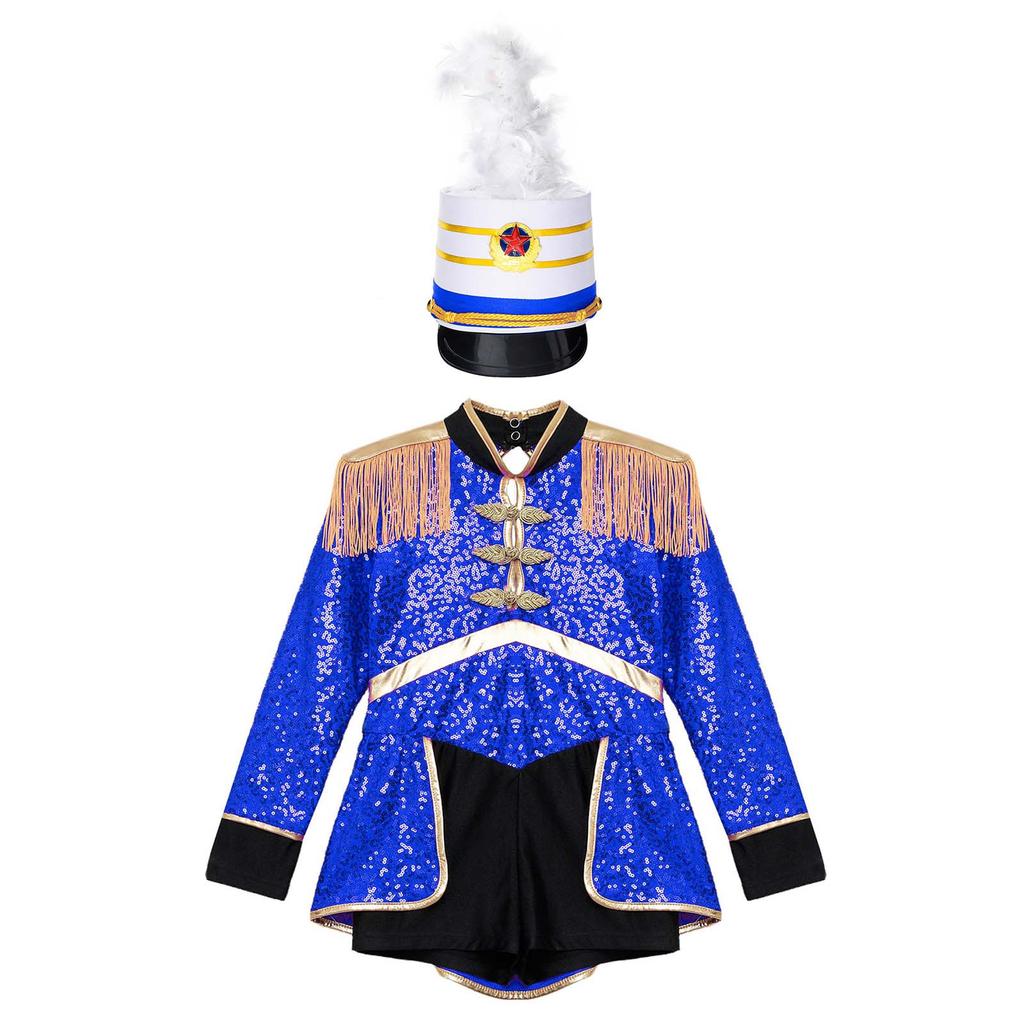 Girls Circus Drummer Costume Long Sleeve Sequined Bodysuit Fringe Epaulet Shoulder Mini Top Hat Accessory