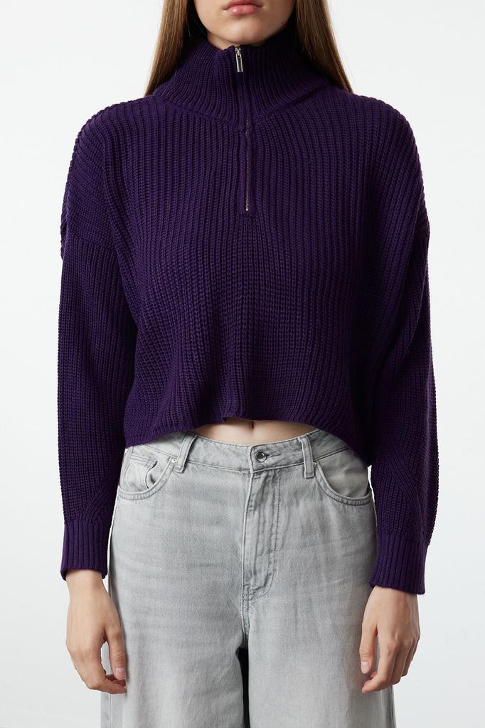 Женский свитер в элегантном стиле, суперукороченный трикотаж с застежкой-молнией и камнем