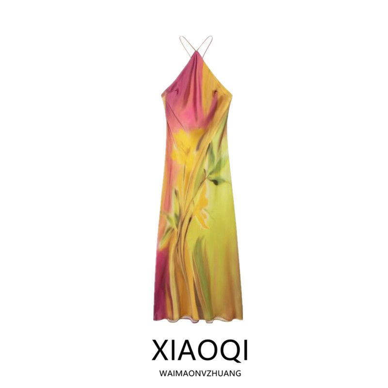 Fashion Style 2024 Autumn New Women's Clothing Stylish Print Sleeveless Halter Long Dress 8505157