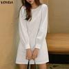 Women Casual Round Neck Summer Long Sleeve Plain Thin Mini Straight Dress