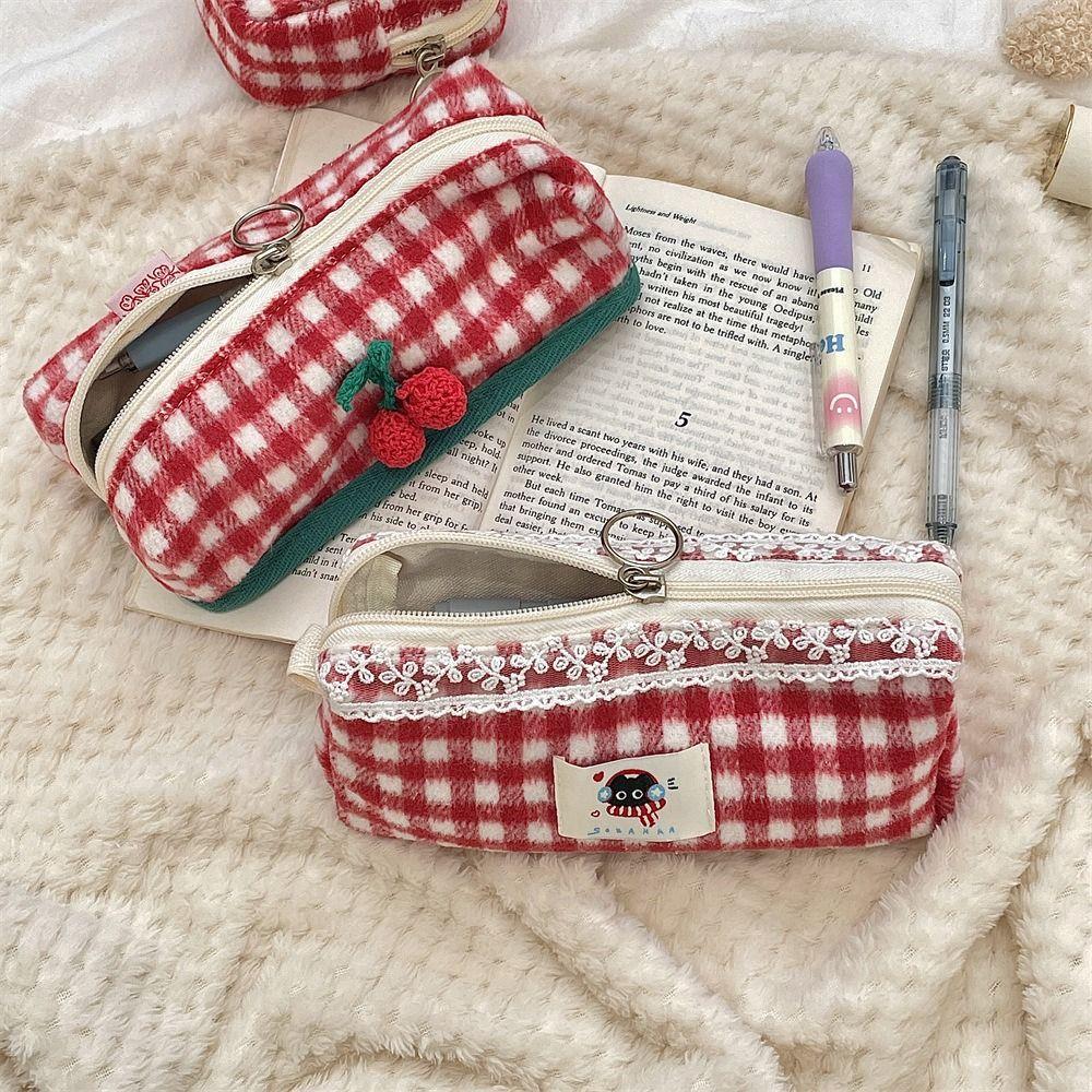 Plush Plaid Pencil Case Sweet Cosmetics Zipper Bag Kawaii Stationery Storage Pouch Children