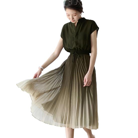 Stand Collar V-neck Flying Sleeve Elastic Waist Drawstring Summer Dress Gradient Color Pleated