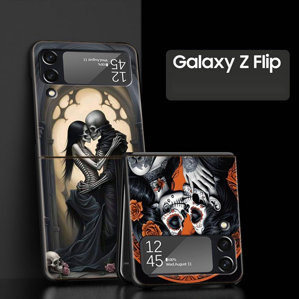 Жесткий ПК чехол для телефона Samsung Galaxy Z Flip 7 6 5 4 Черная крышка для Galaxy Z Flip 3 Складной противоударный Скелет Любовь Череп Сумка