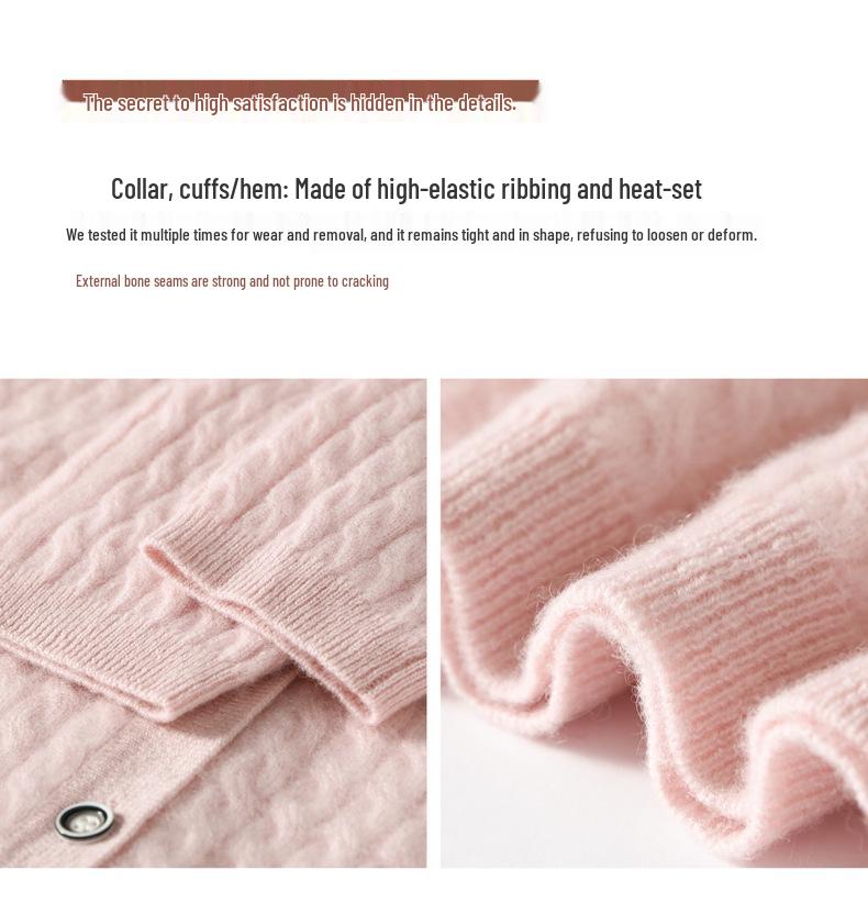 Women's 100% Pure Cashmere Cable Knit Round Neck Cardigan Sweater for Autumn and Winter