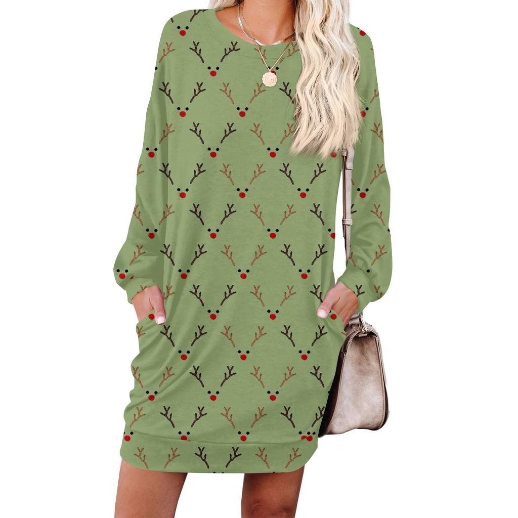 Женское модное платье с ретро-принтом, с длинным рукавом, круглым вырезом и карманом