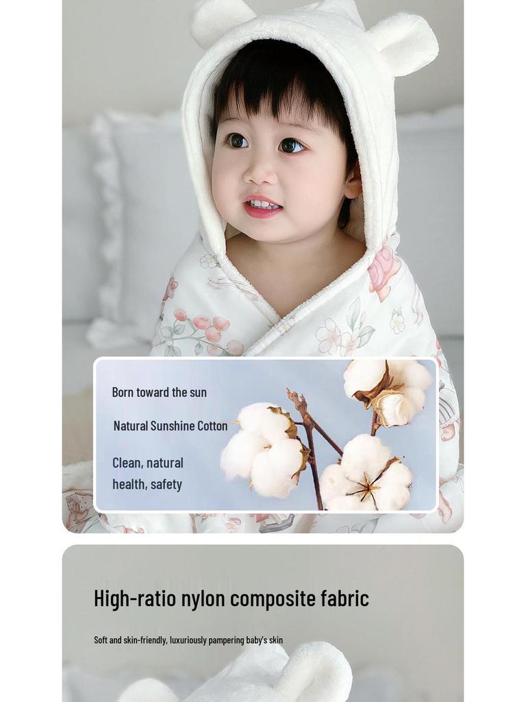 Hooded Coral Fleece Baby Bath Towel - Quick Dry, Water Absorbent, Swaddling Blanket for Newborns, Thickened for Autumn & Winter.