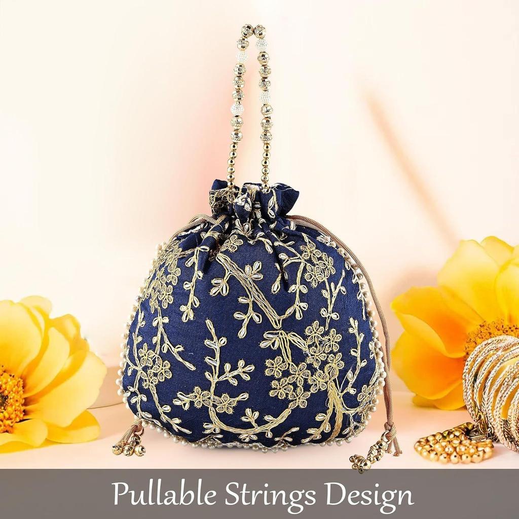 Набор из 2 сумочек-потли для дам и девушек | Женские подарочные мешочки для праздничных сезонов | Вышитый кошелек-батва | Свадебный кошелек - Темно-синий