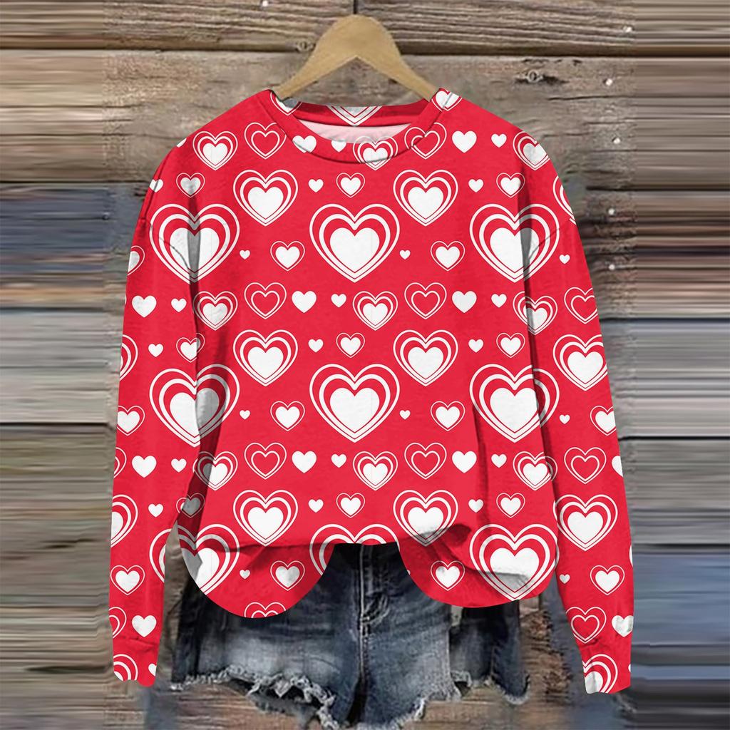 Женская мода День святого Валентина Печатный длинный рукав свободный круглый вырез толстовка Топ осень