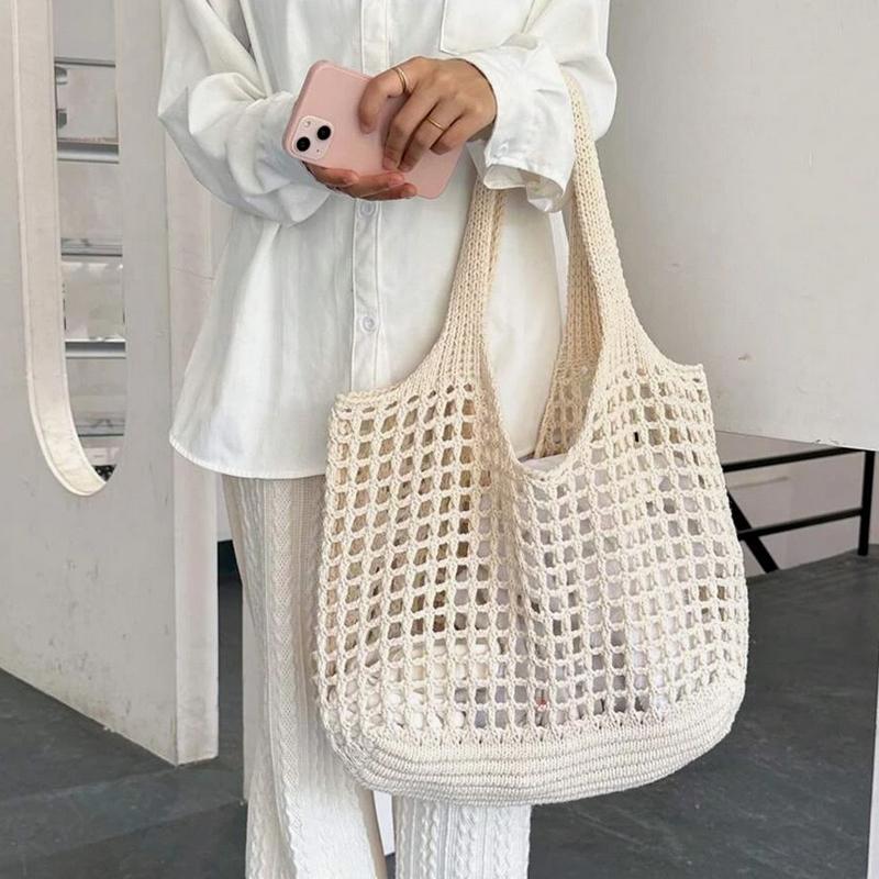 Yogodlns Casual Hollow Knitted Large Tote Bag Designer Handmade Woven Women Shoulder Bags Luxury Summer Beach Bag Shopper Purses