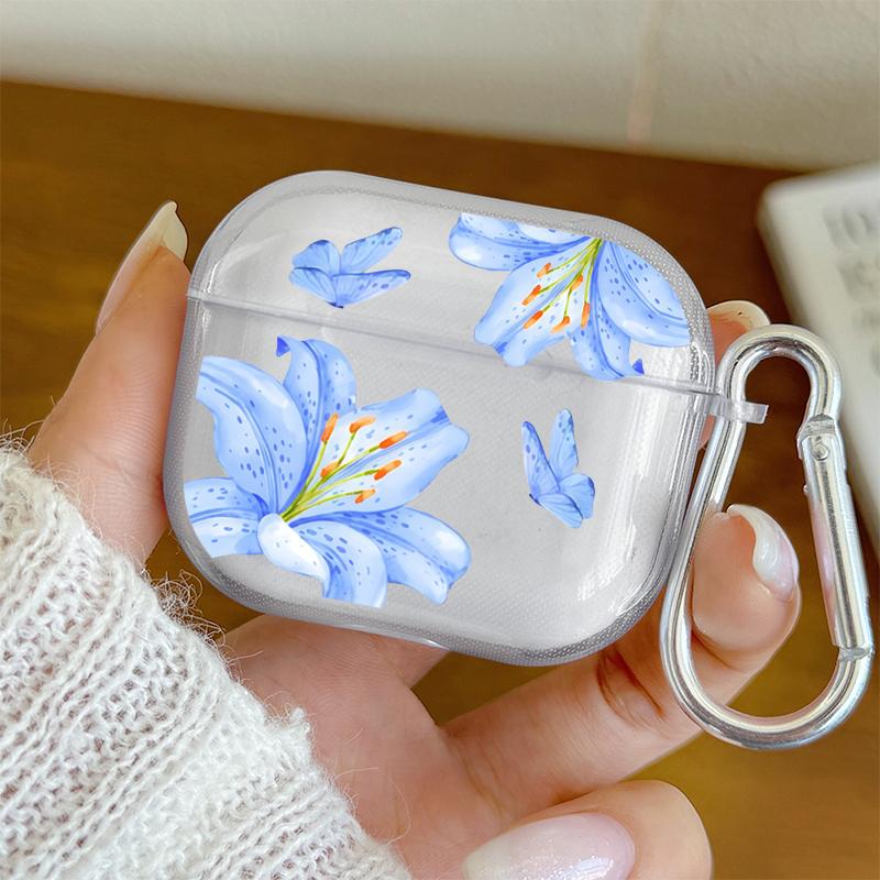 Чехол для наушников AirPods 4/3/2/1 с узором из цветов голубой лилии, защитный чехол для AirPods Pro2/Pro3/Pro, противоударный
