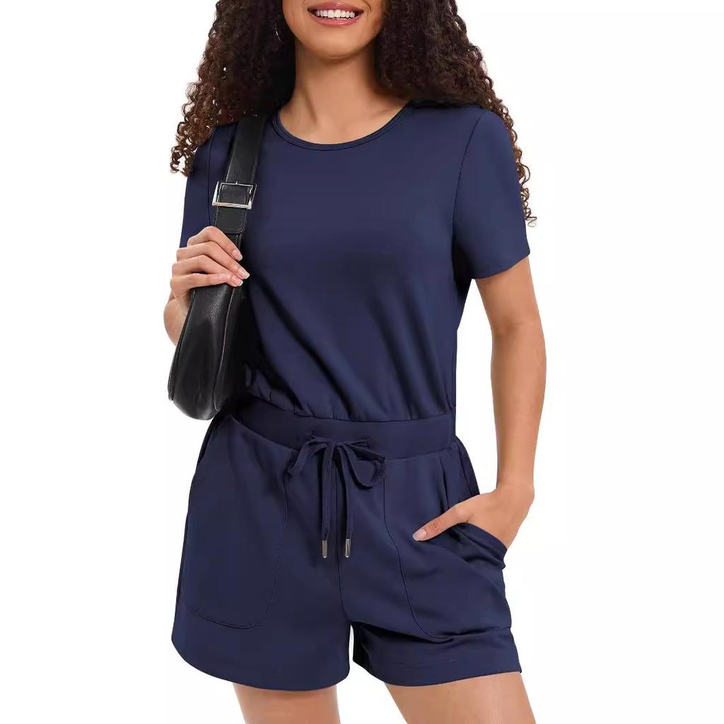 Цельные шорты, летние женские повседневные шорты с коротким рукавом, спортивный однотонный комбинезон с карманами, женская уличная одежда