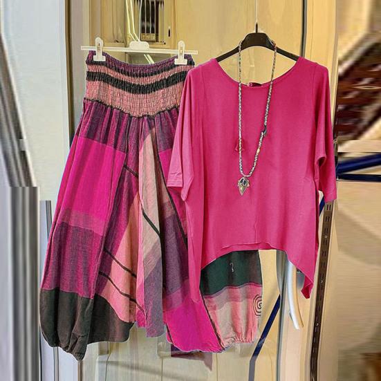 1 комплект, футболка, брюки, клетчатый узор, эластичный пояс, летняя блузка с неровным подолом, широкие брюки, уличная одежда