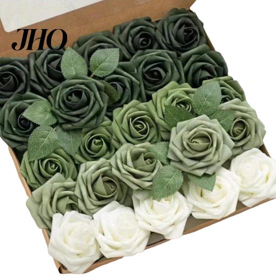 Aisle Decoration Flower 1 Box Artificial Flowers PE Foam Realistic Dahlia Rose Valentines Day Gift Home Roses Fake with Flexible Wire Stems
