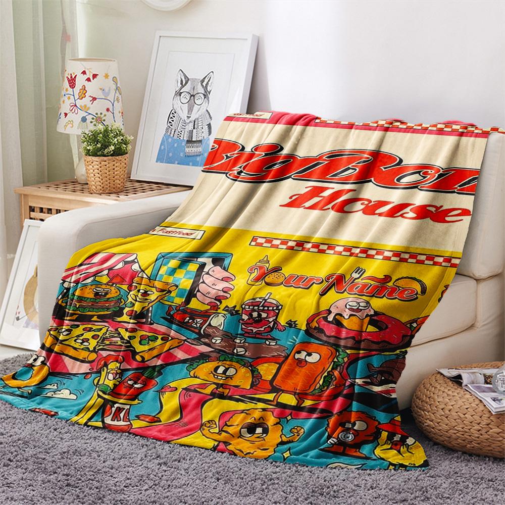 1PC Burger Run Menu Custom Name Patterned Flannel Blanket Suitable For All Seasons For Home Decor Warmth And Comfort Gifts Holiday Present