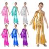 Kids Girls Romper Shiny Metallic One Shoulder Flare Sleeve Bodysuit Dance Jumpsuit Gymnastics Figure Skating Dance Wear