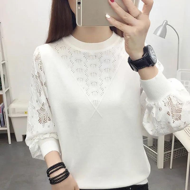 Pullover 2023 Spring and Autumn Underlay Sweater Women Lace Long Sleeve Spliced Round Neck Hollow Loose Sweater Pullover Top