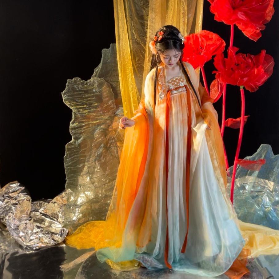 Hanfu градиентный костюм с принтом рыбьей чешуи градиентная рубашка с большими рукавами Koi Hanfu элегантная женская одежда феи