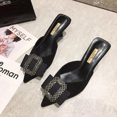 Baotou Half Slipper Clogs Shoes Women Slipper Stiletto High Heels Shoes Korean All-Match Pumps Luxury Square Rhinestones Mules Shoes