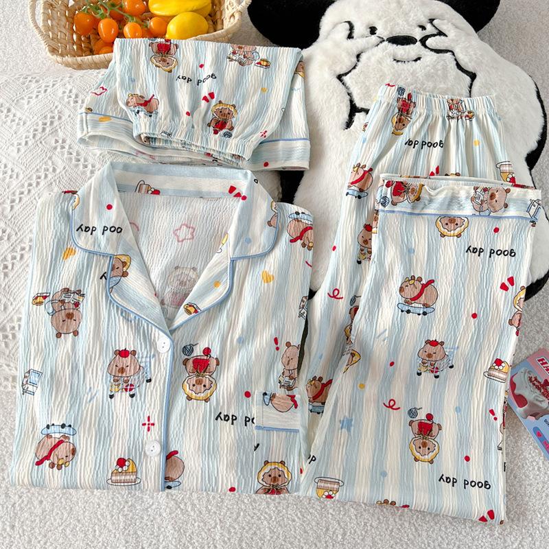 High-Value Kapibara Small Fresh Striped Wrinkled Cloth Pajamas Women'S Short-Sleeved Three-Piece Loungewear